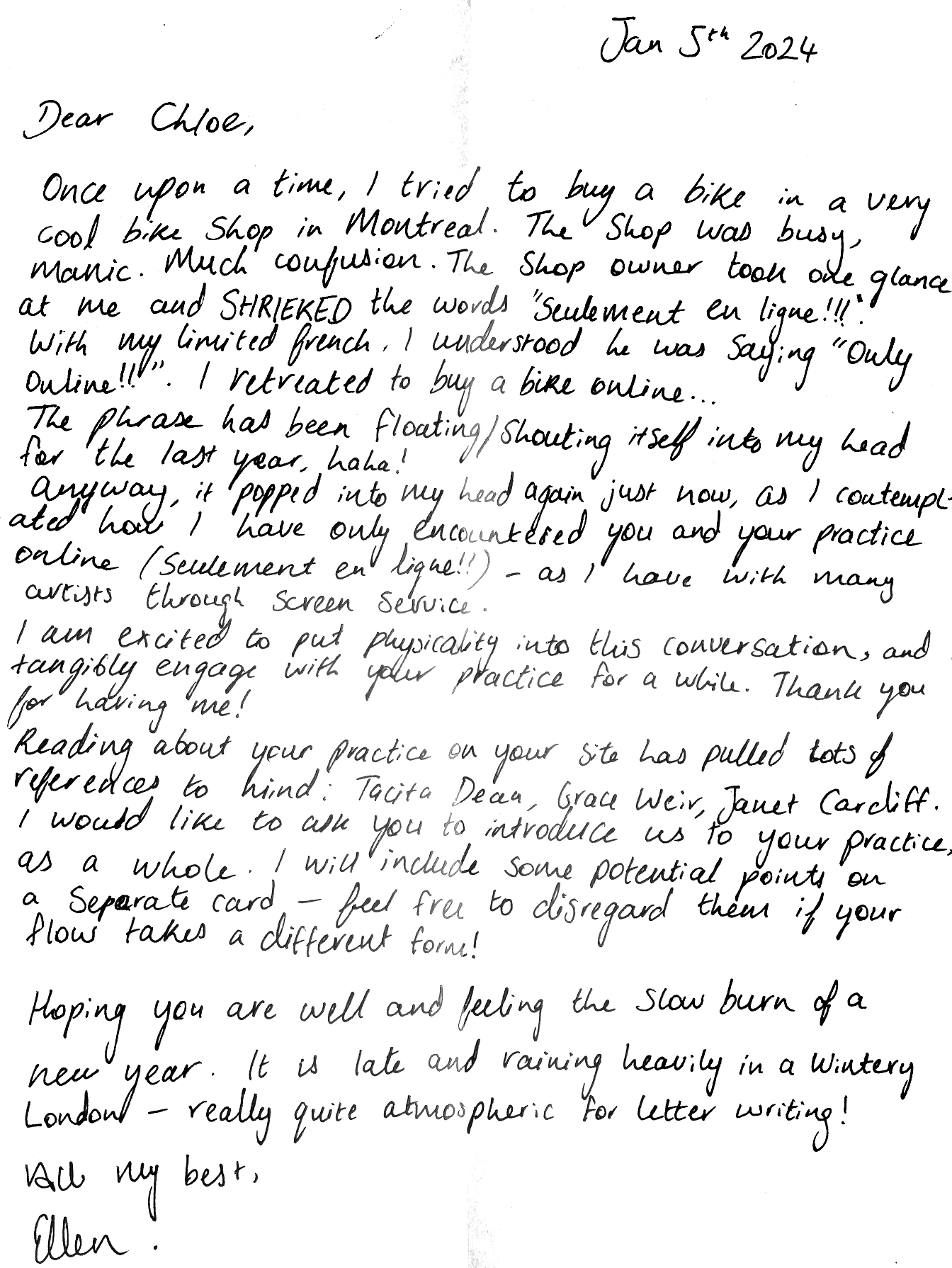 Hand written letter from Ellen to Chloe. Transcribed below.
