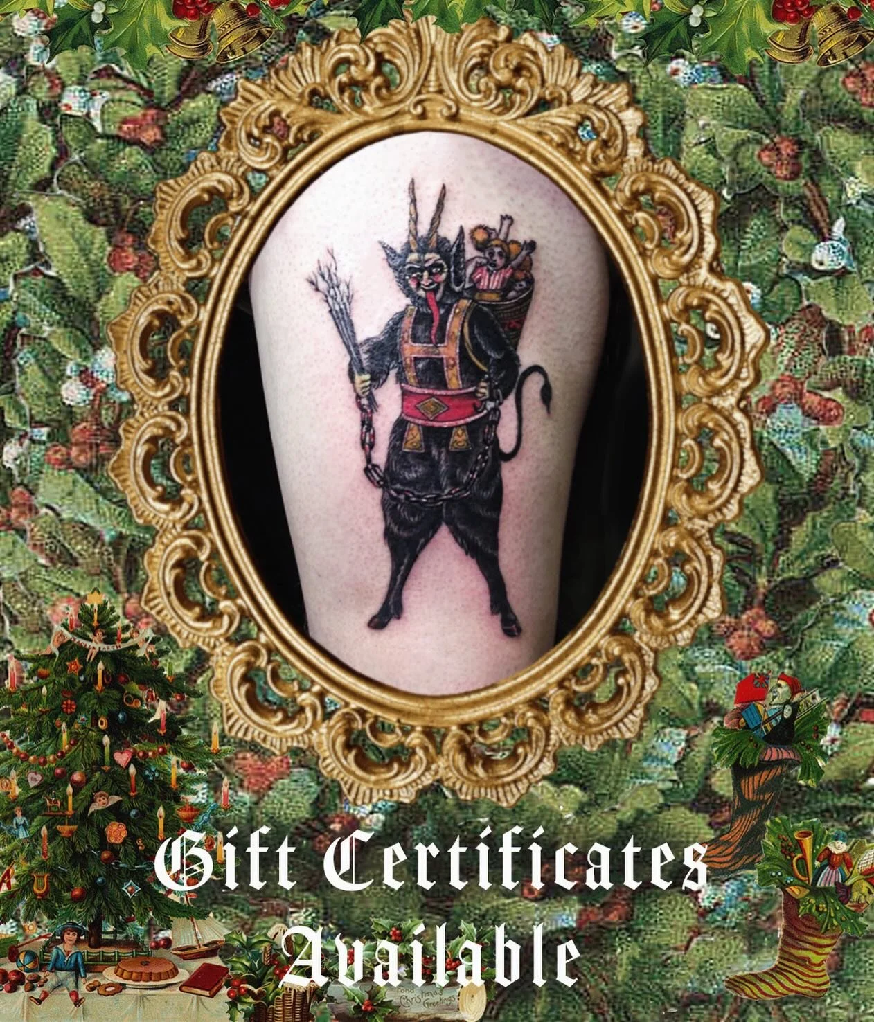 Krampus says give a tattoo for Christmas. Get a Fineline gift certificate. Link on our profile page. #merrykrampus