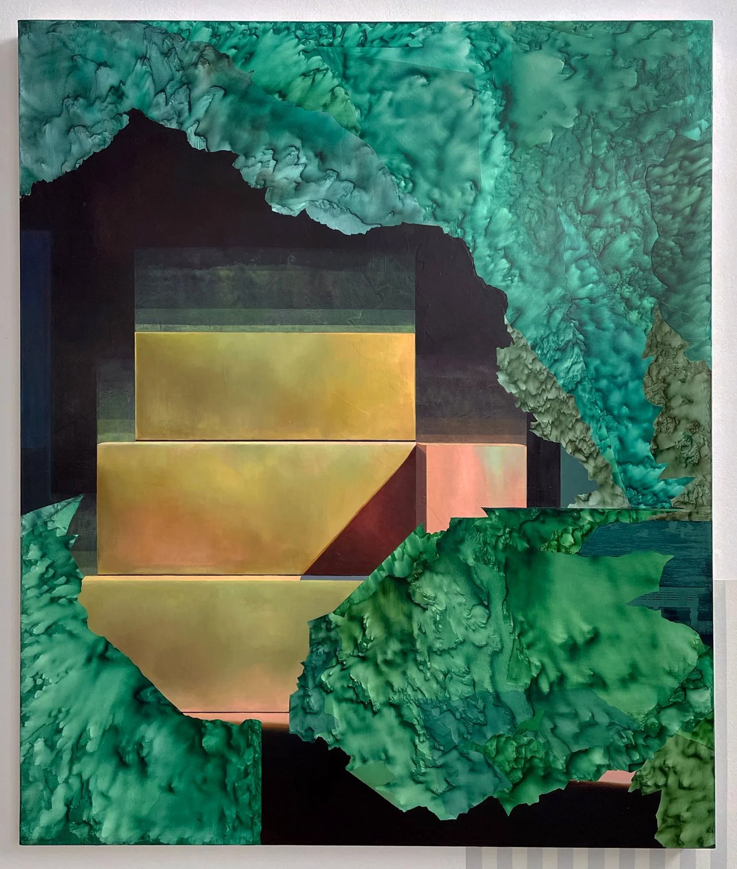 Döstädning, oil, acrylic, and screenprint on canvas, 50 x 42 inches, 2025