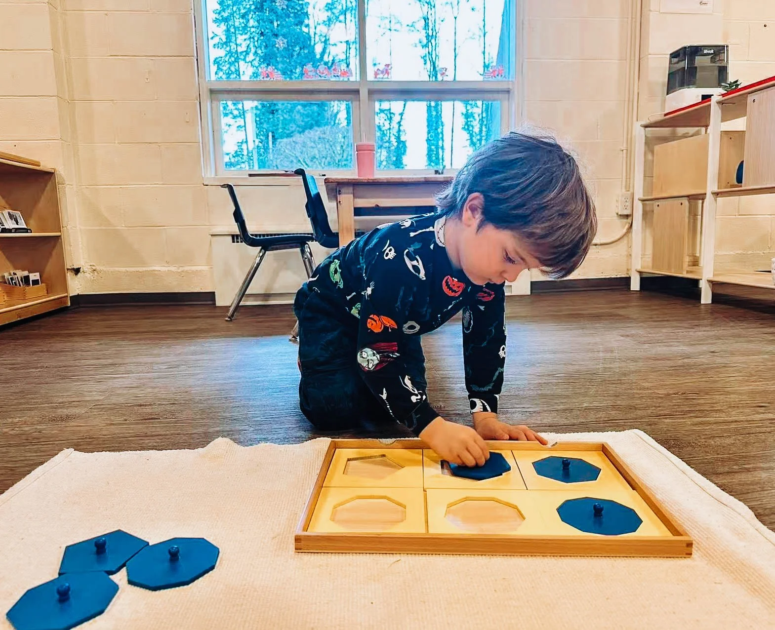 A young boy with brown hair kneeling on a rug, playing a memory matching game with octagon-shaped cards on a wooden tray inside a room with wooden floors, shelves, and a window showing trees outside.