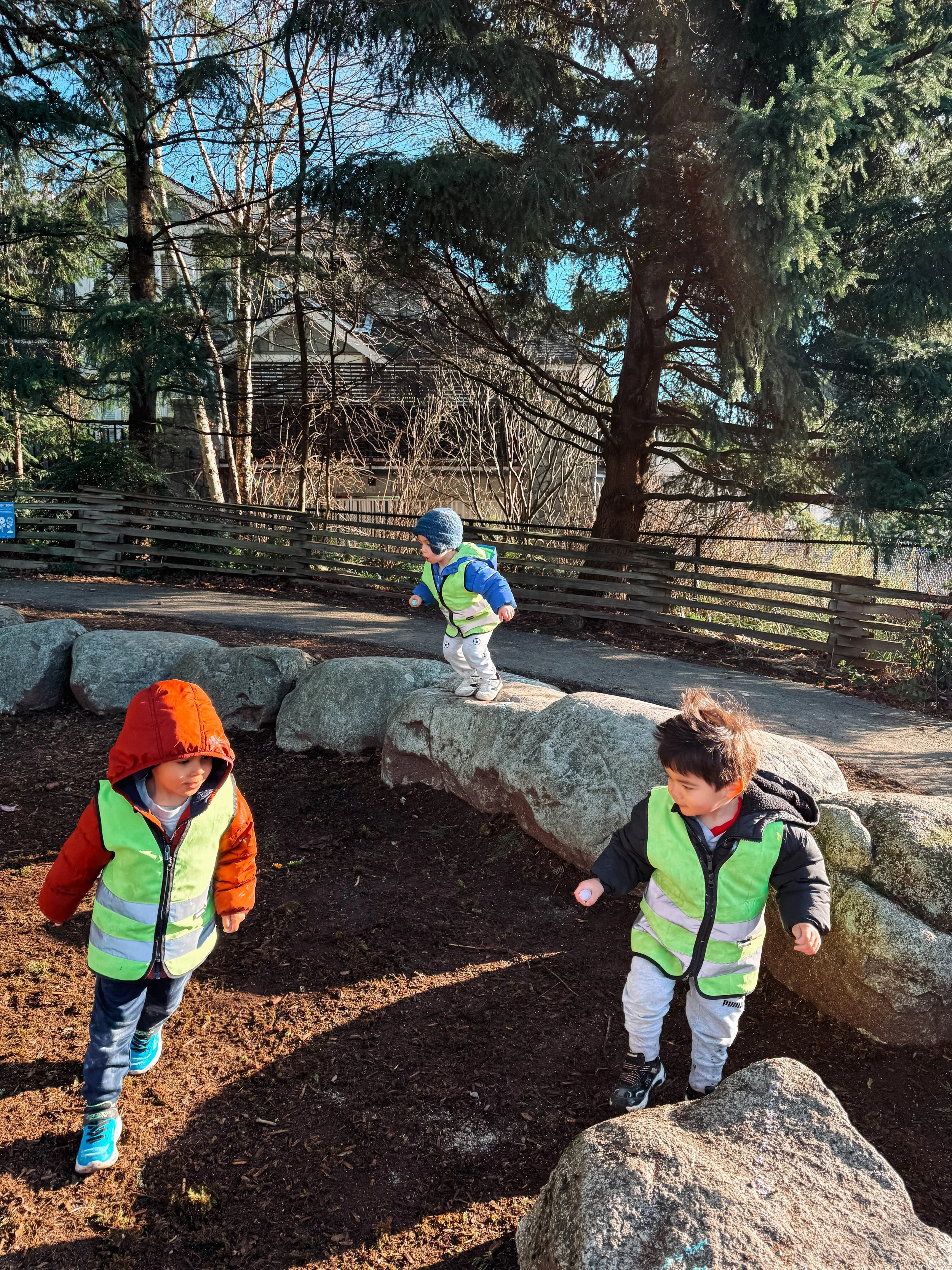 Three young children wearing safety vests playing on rocks in a park with trees and a wooden fence in the background.
