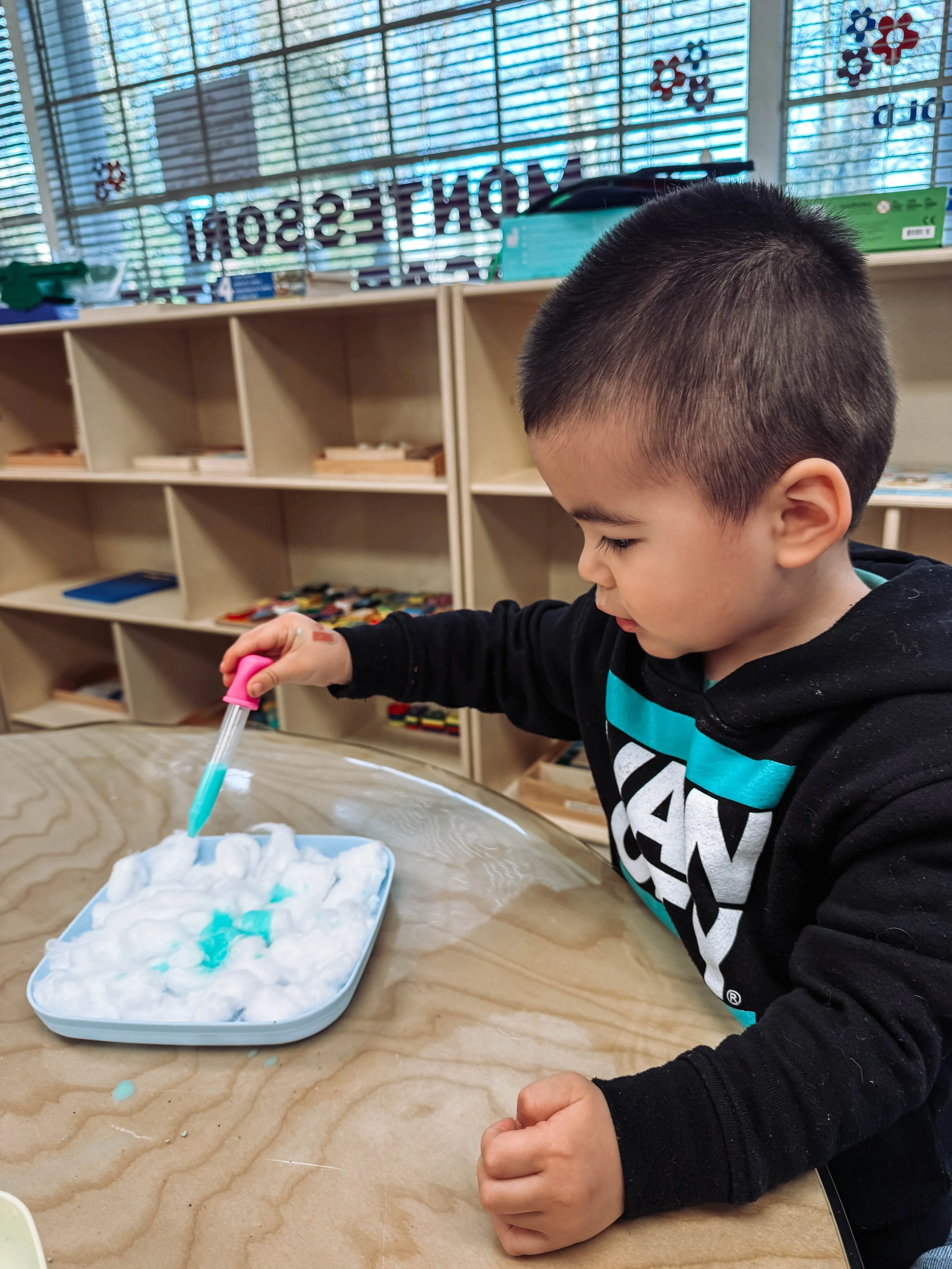 Young boy using a pipette to transfer blue liquids into cotton balls on a tray in a classroom setting.