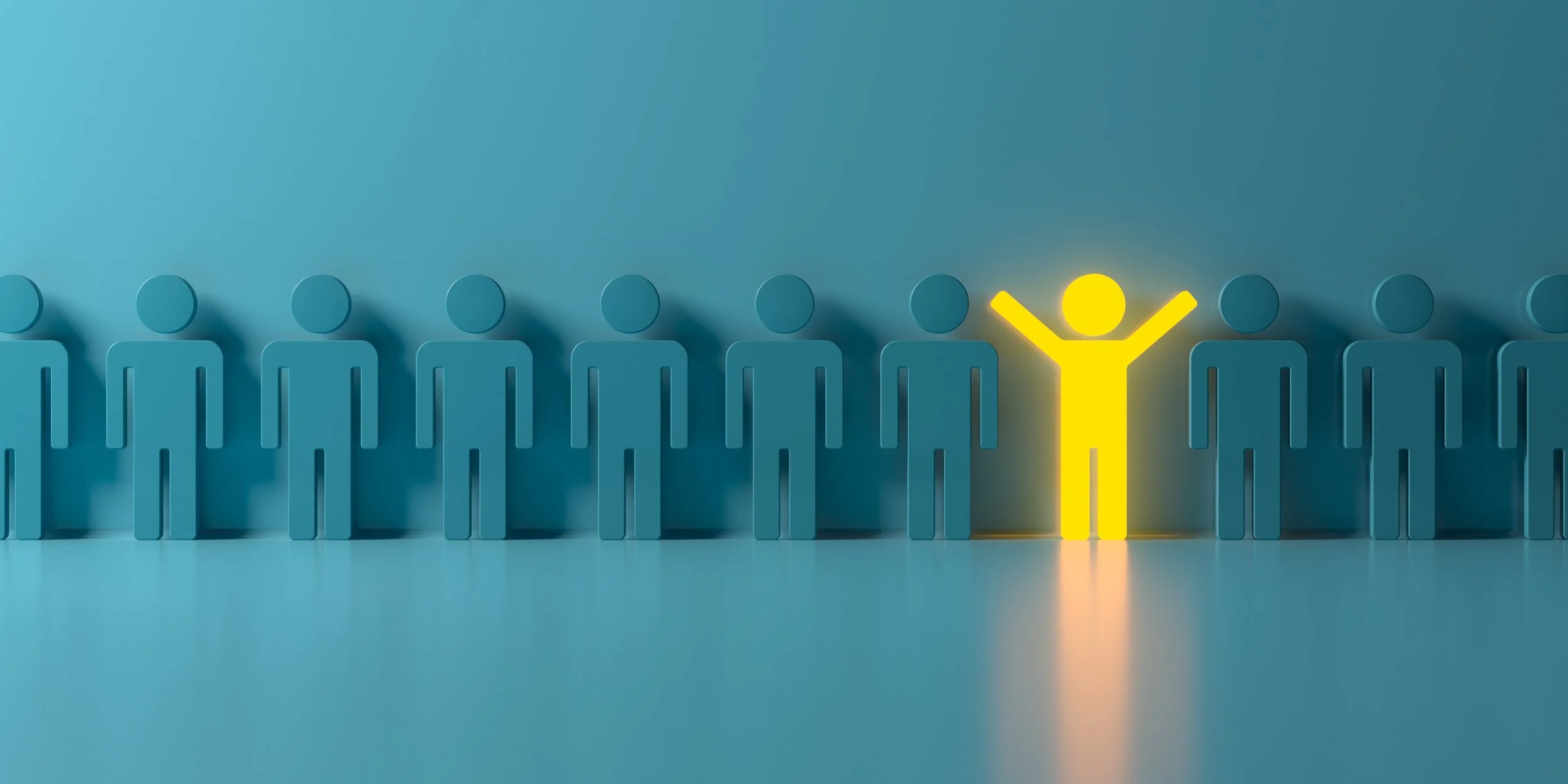 Several blue human-shaped figures arranged in a row on a blue background, with one yellow figure in the middle with arms raised, highlighted by a yellow glow.