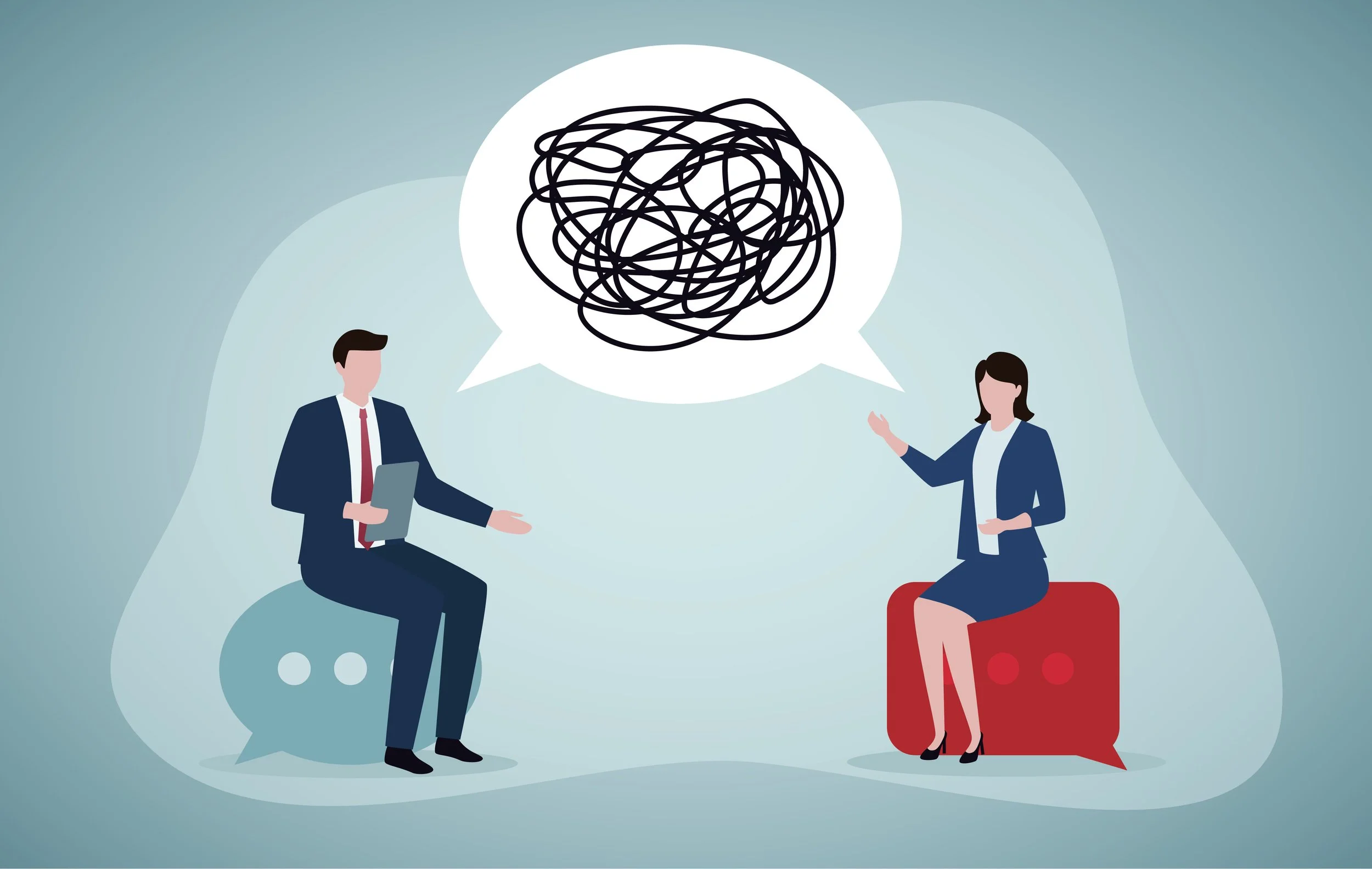 A man and a woman having a conversation, with a speech bubble showing a tangled scribble above them, indicating confusion or difficulty in communication.
