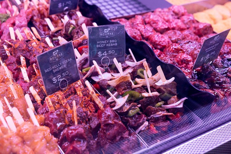 Meat kebabs in the display fridge
