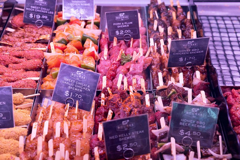 Meat kebabs in the display fridge