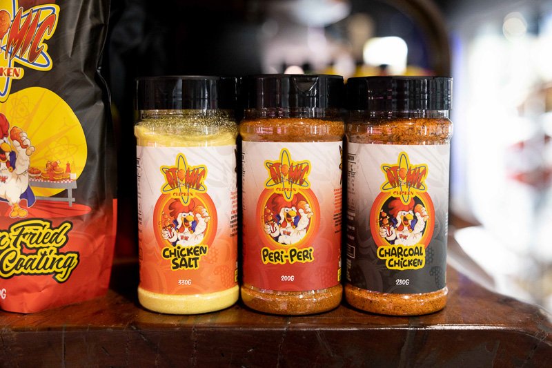 Atomic chicken seasonings including chicken salt, peri-peri and charcoal chicken flavours