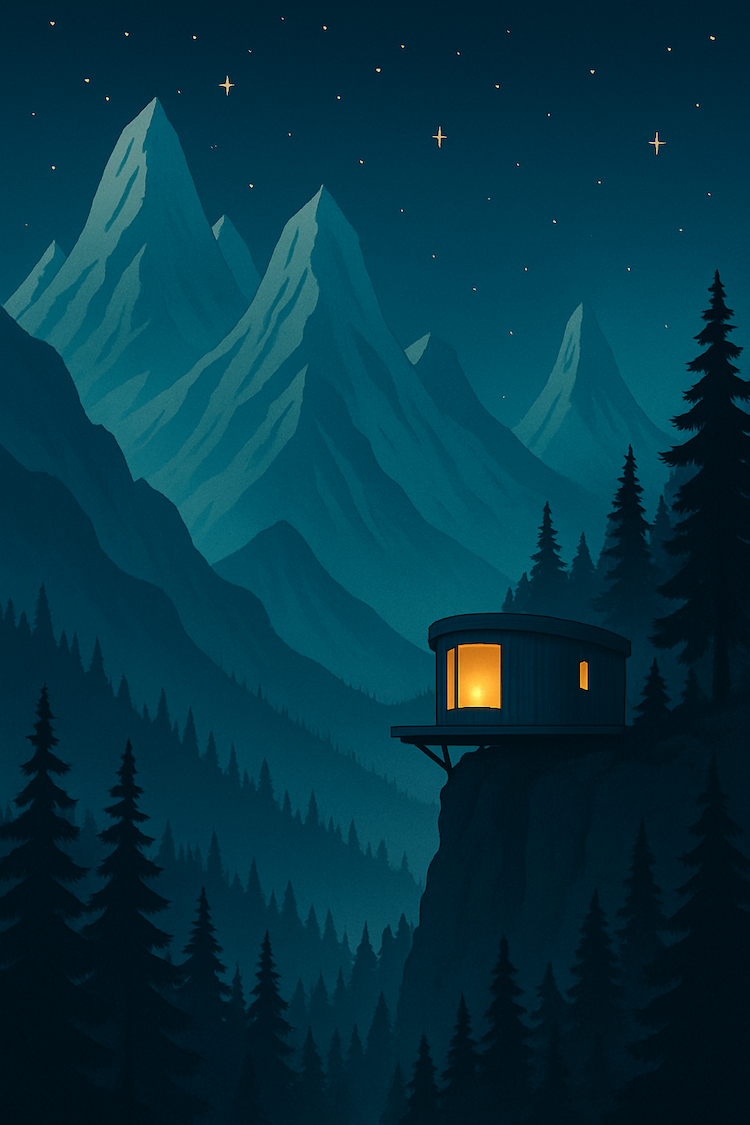 tall mountain peaks with starry night sky and a glowing tiny home on a cliff