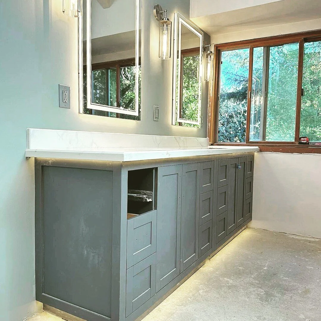 Continuing to work on this master bathroom remodel. 
Gone with the old school green sinks, tile counter and sponged textured walls.

In with the new toe kick and counter edge illumination with color temperature control, LED anti-fog mirrors, fresh wa