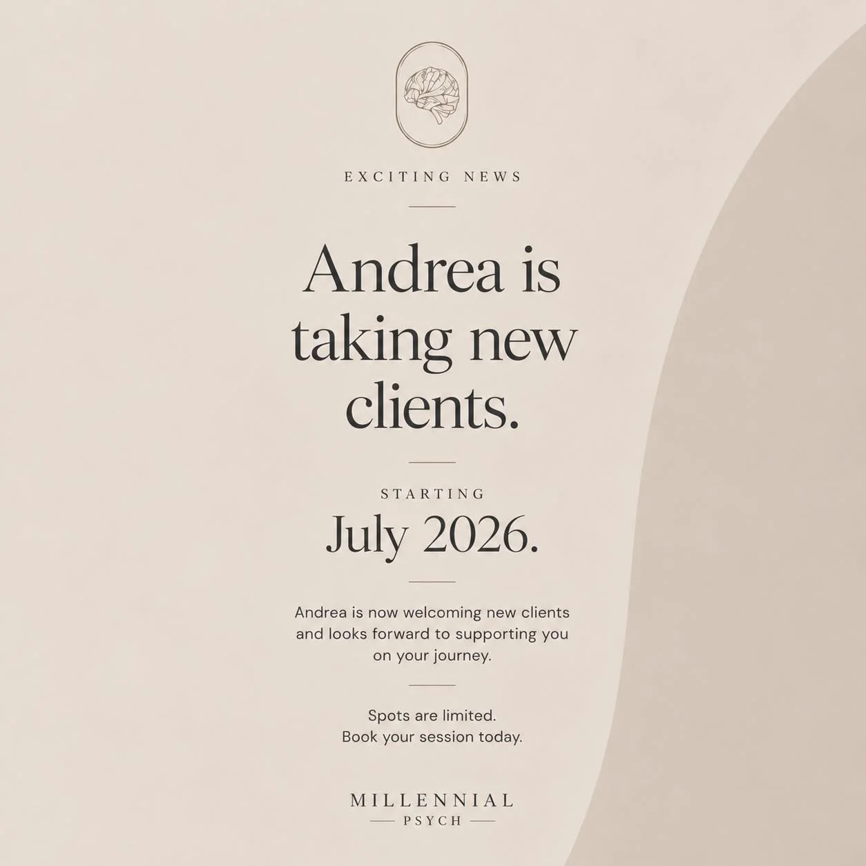 Andrea will be welcoming new clients from July 2026, offering a warm, compassionate space for those seeking support through life&rsquo;s challenges, transitions, and growth.

At Millennial Psych, we believe therapy should feel human, grounded and dee