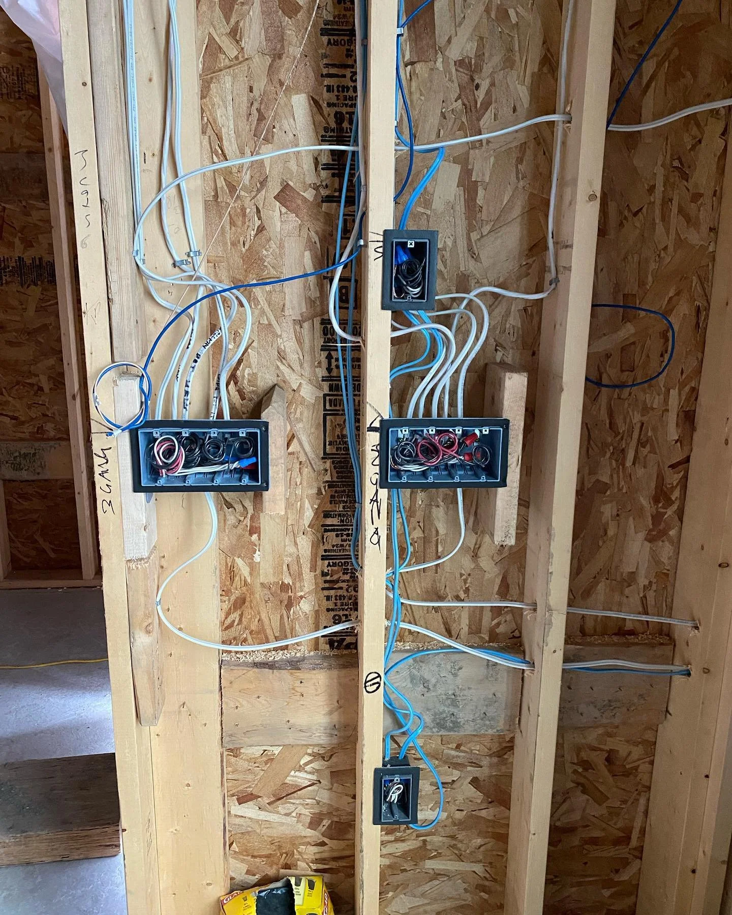 Electrical wiring work in progress on a wooden wall frame with blue and white wires, junction boxes, and electrical outlets.