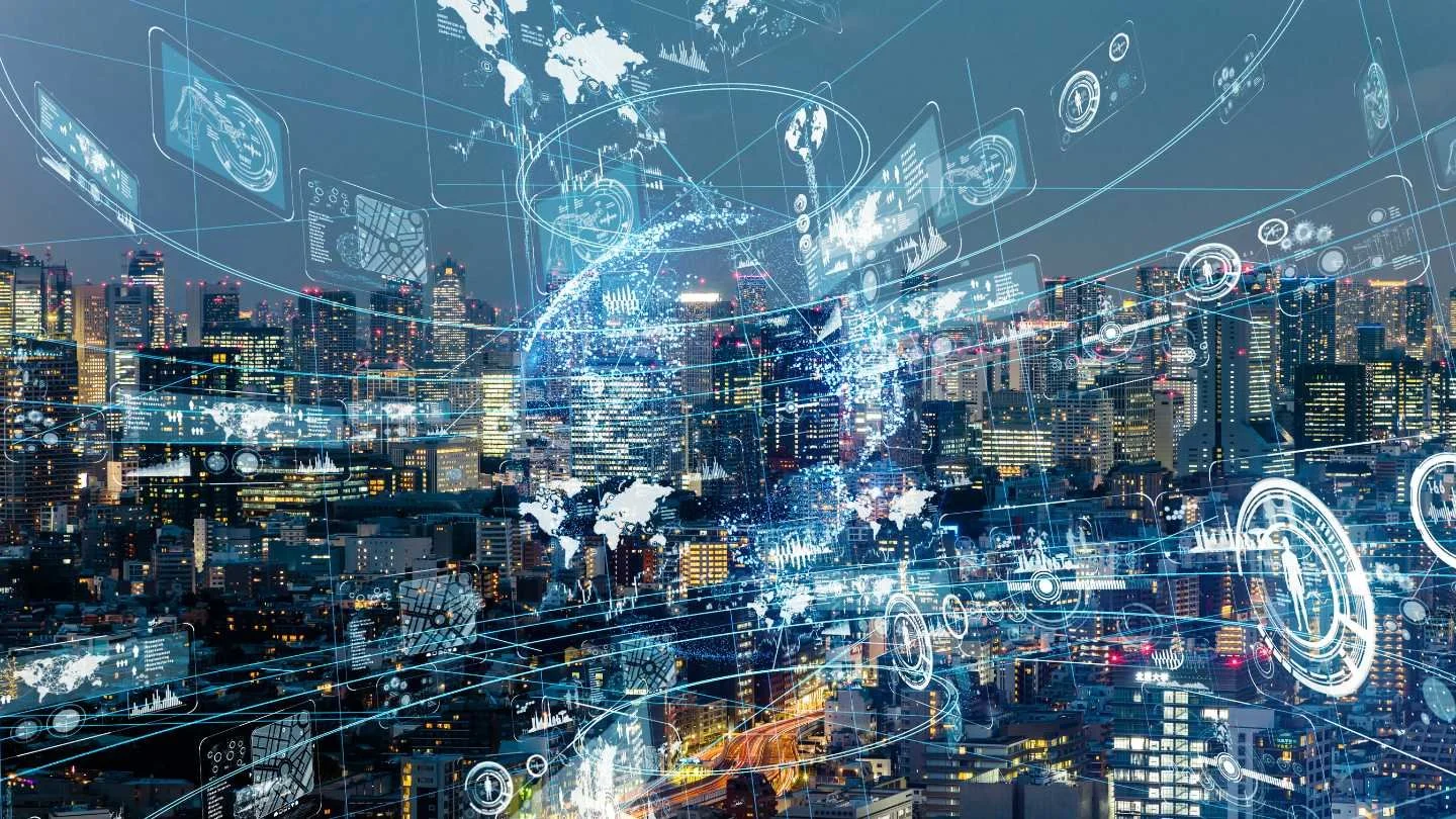 City skyline with digitally connected wires signifying the flow of information