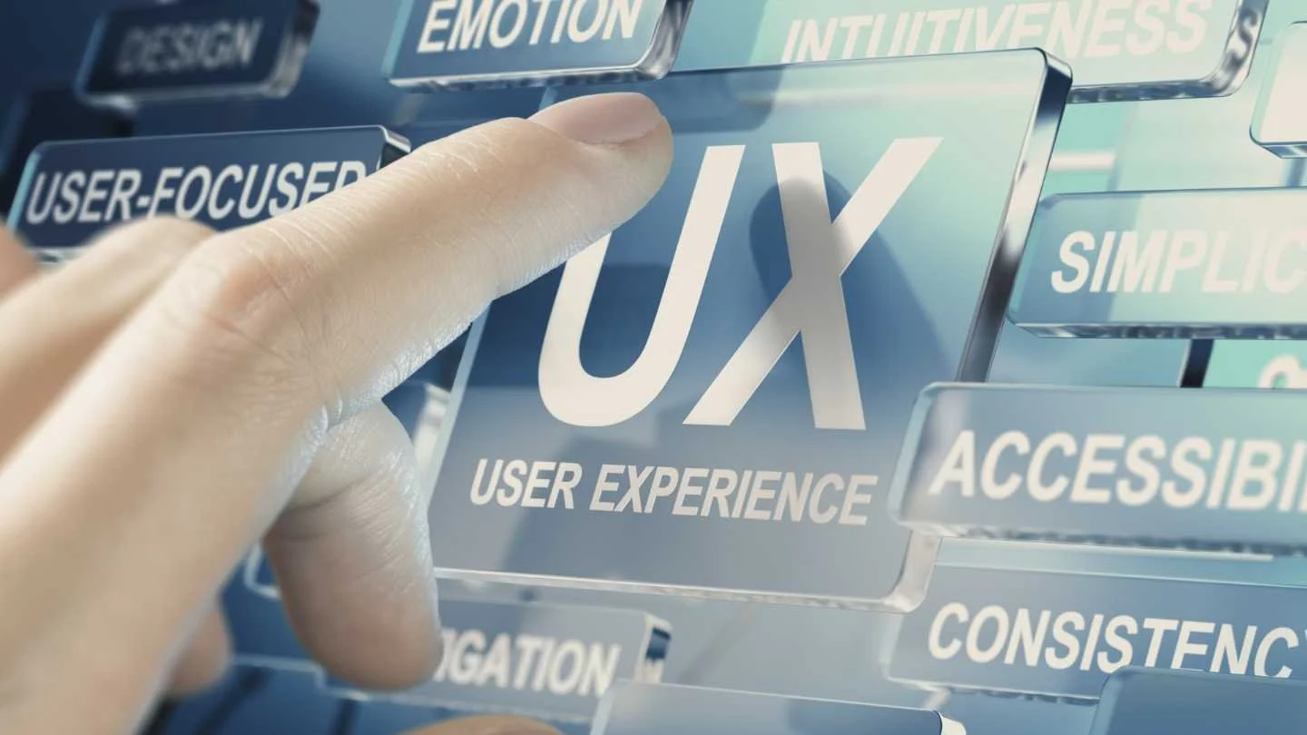 Finger pressing a button that reads "UX"