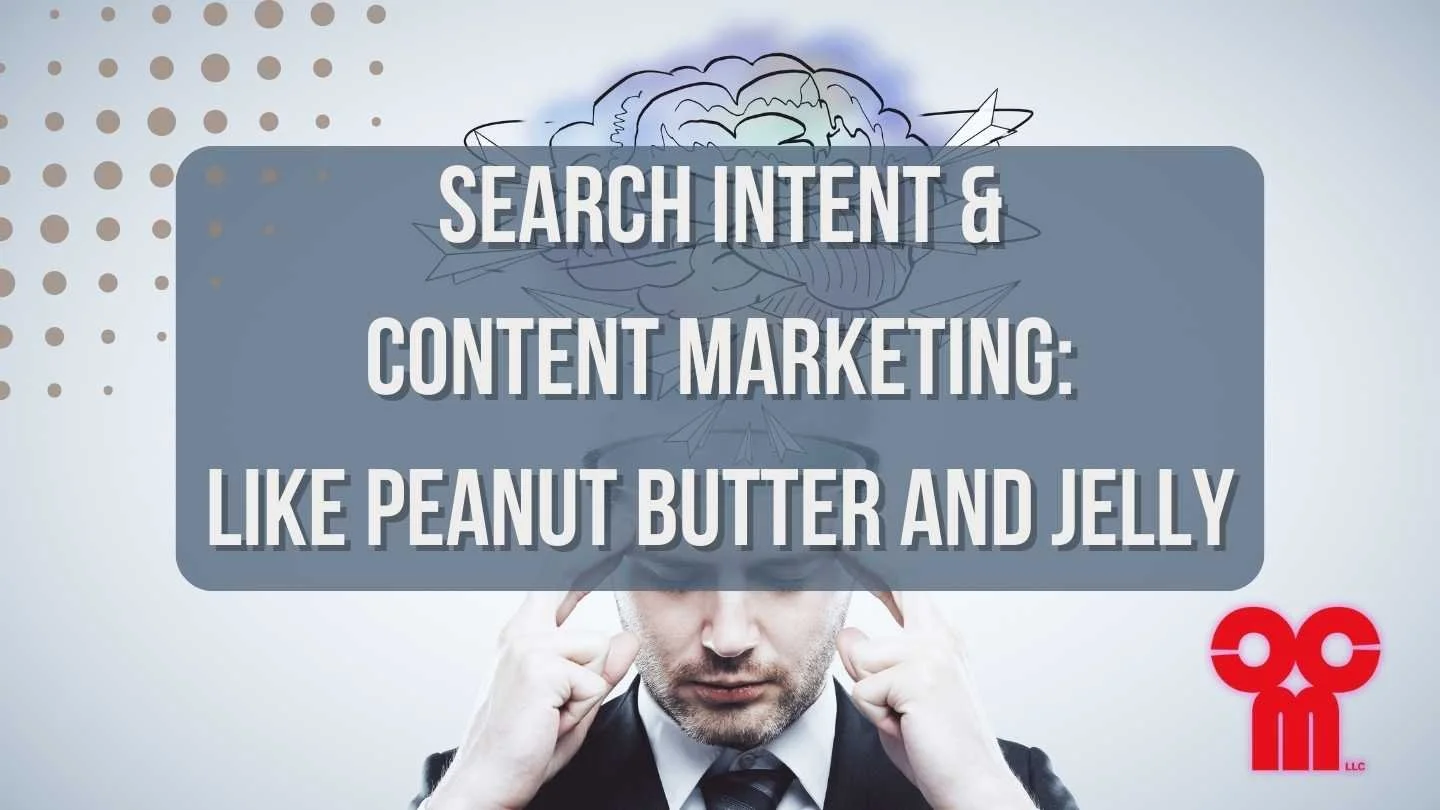 Graphic of a man thinking with the words "Search intent and content marketing: Like peanut butter and jelly"