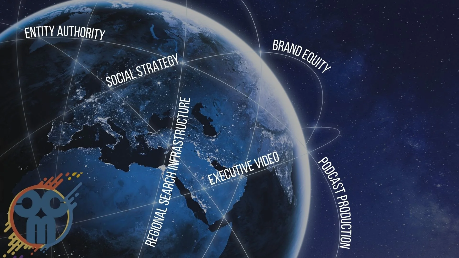 photo of a globe with connecting lines and text