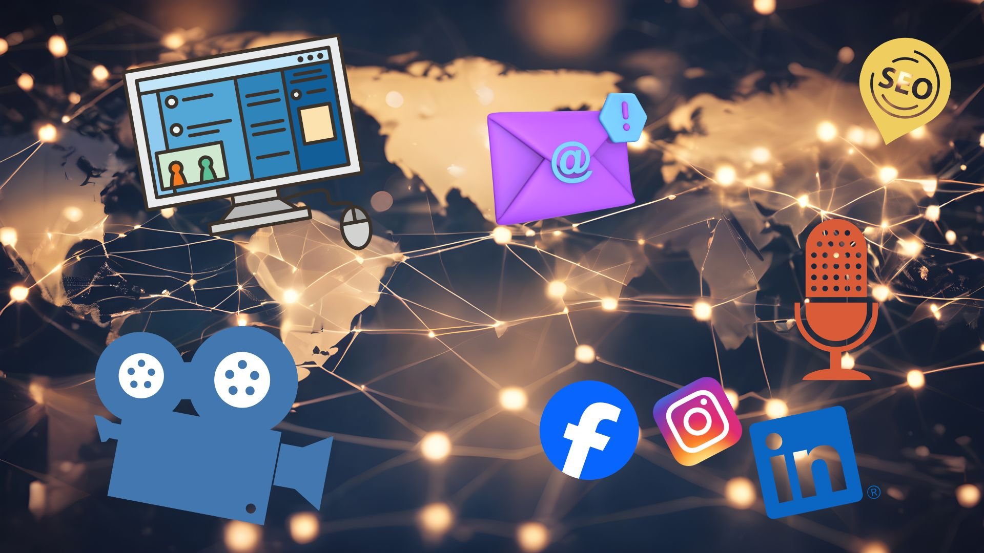 graphic showing connections around the world with a microphone and video camera and SEO graphic and website graphic and social media icons