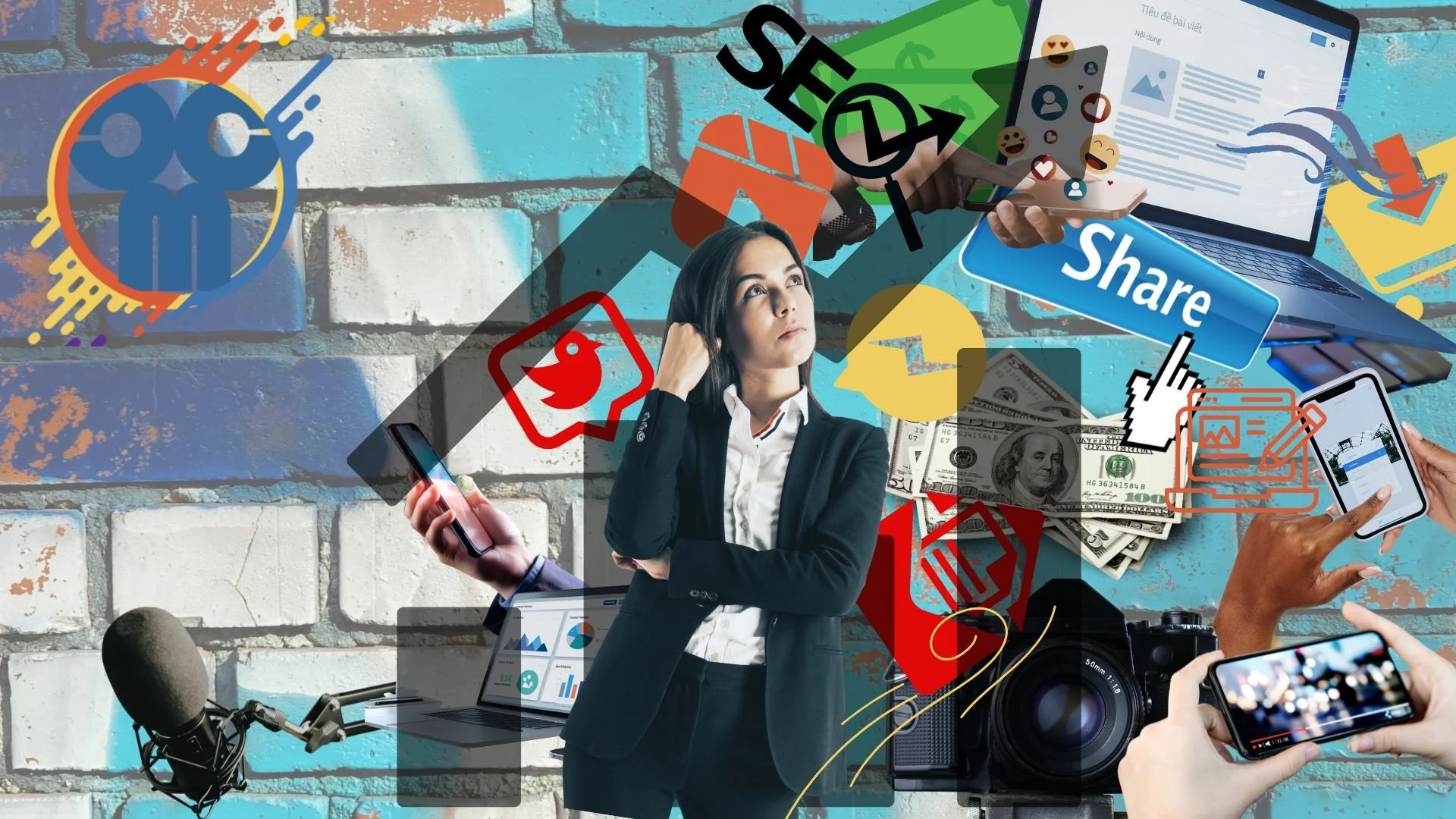 image showing the compounding of pieces of content with a woman and the charlotte content marketing logo