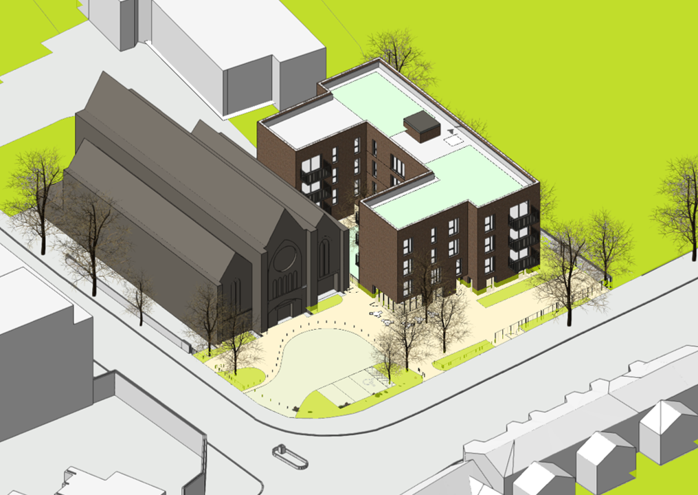The second version of the design, a larger block that incorporates the vicarage