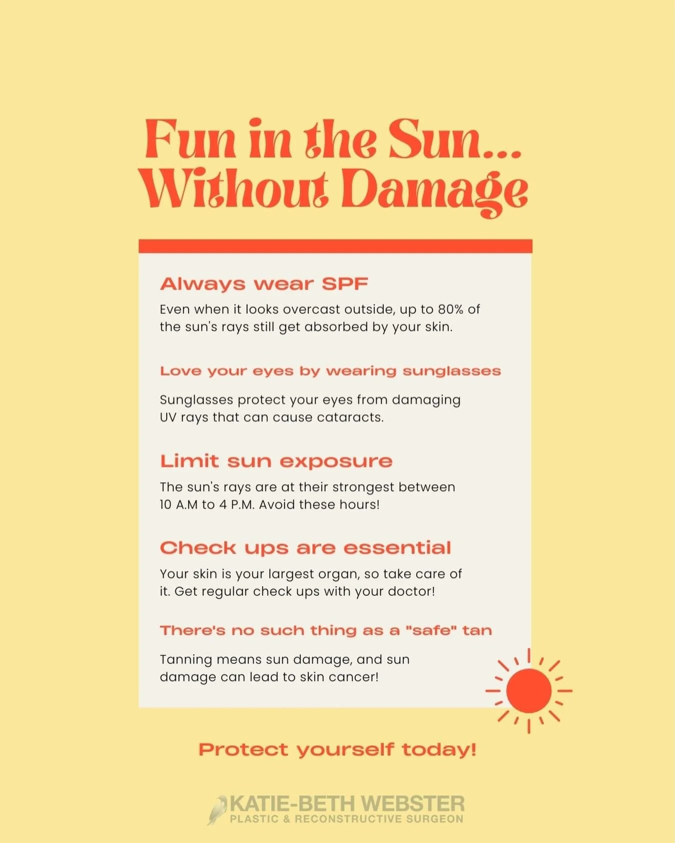 With the weather heating up don&rsquo;t forget the importance of sun protection☀️
More than 95% of skin cancer cases are caused by unprotected exposure to UV radiation from the sun. The good news is that this means it is almost entirely preventable!