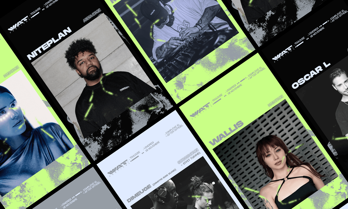 Affiches de concerts pour des artistes et DJ avec photos de personnes, dates et lieux, styles de design modernes et couleurs vives.