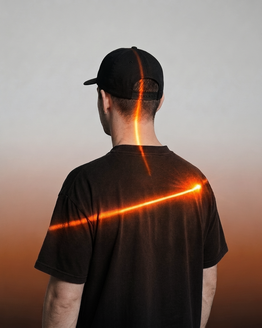Un homme vu de dos portant une casquette noire, avec une rayure orange lumineux dans le cou et sur le t shirt.