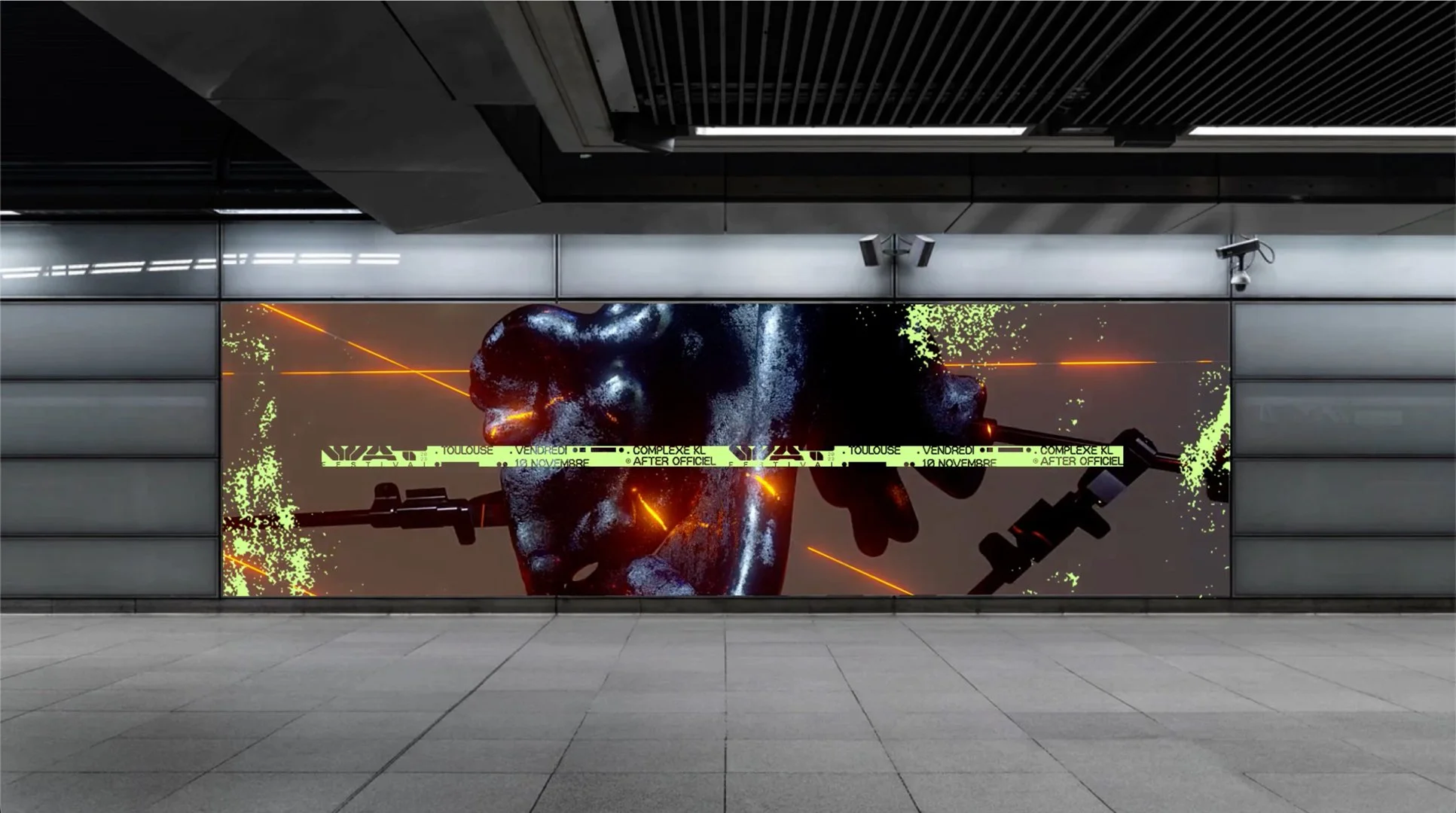 Affichage numérique publicitaire dans une station de métro, illustrant un cyberpunk avec un héros portant un casque et un fusil à demi-visible, dans un style futuriste avec des effets de laser, dans un environnement urbain moderne.