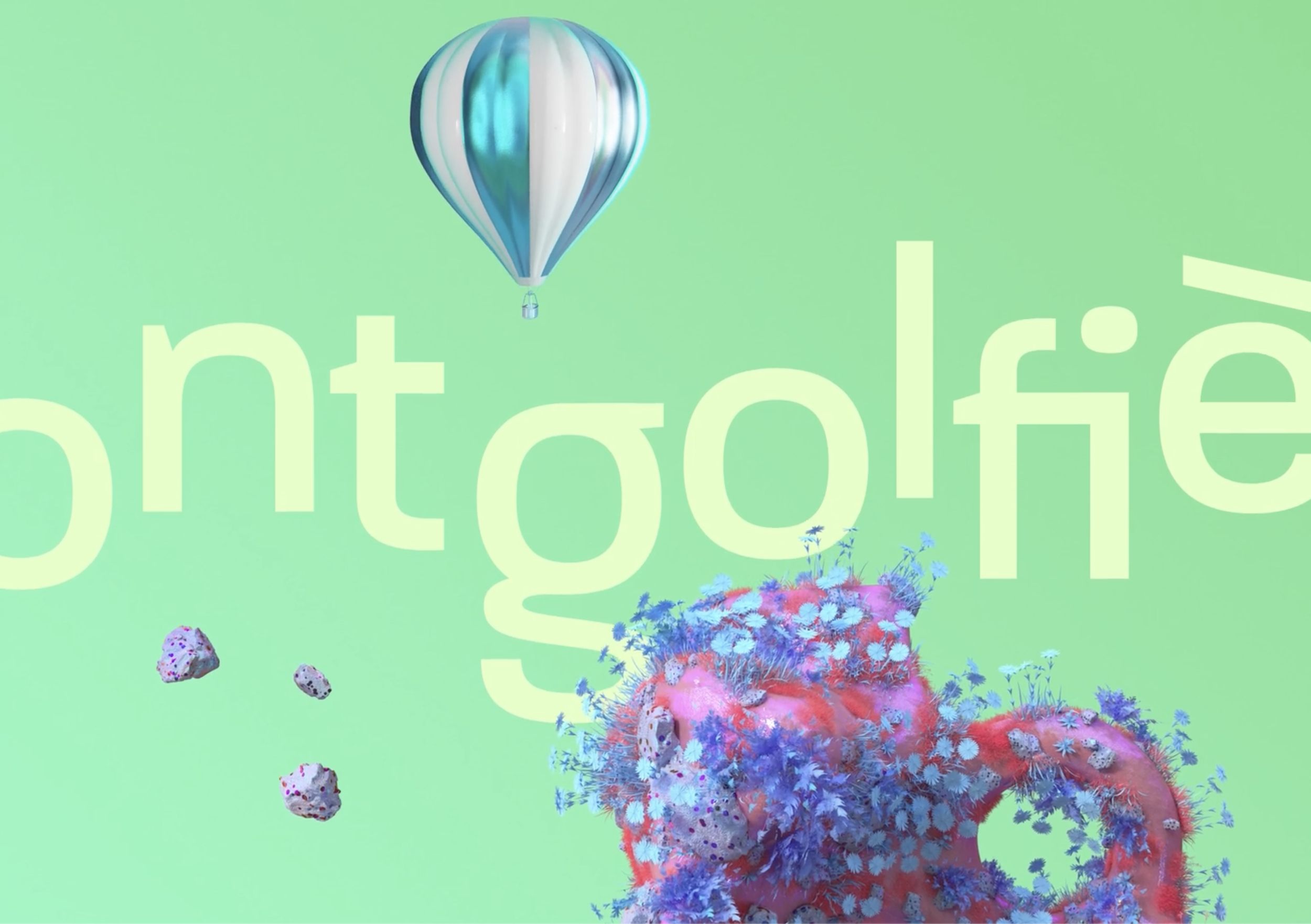 Un ballon à hélice au-dessus d'une explosion de couleurs et de motifs floraux sur un fond vert pastel avec des éléments flottants et des textes partiellement visibles.