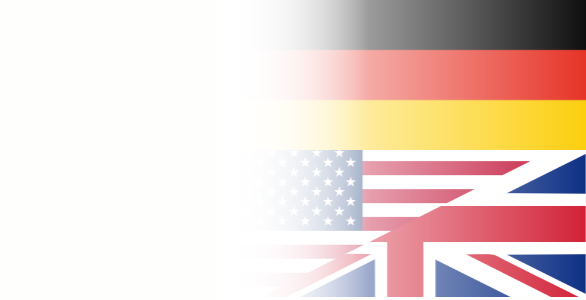 Amerikanische und britische Flagge nebeneinander mit Farbverlauf im Hintergrund.