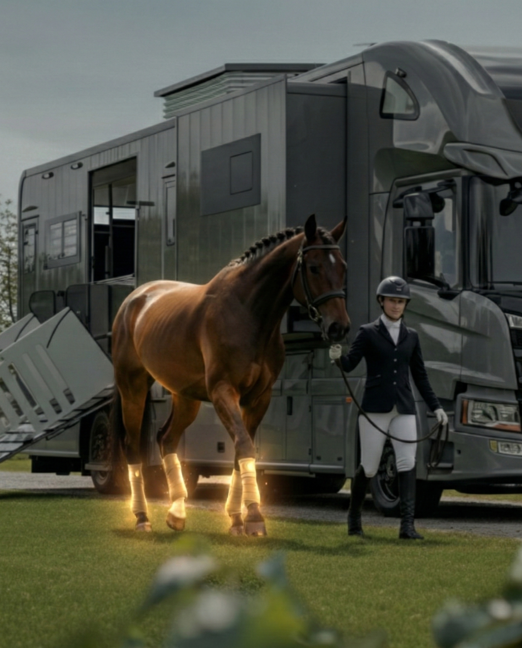 Ein Pferd mit hell leuchtenden Beinen wird von einer Reiterin mit Reithelm gehalten vor einem großen Wohnmobil.