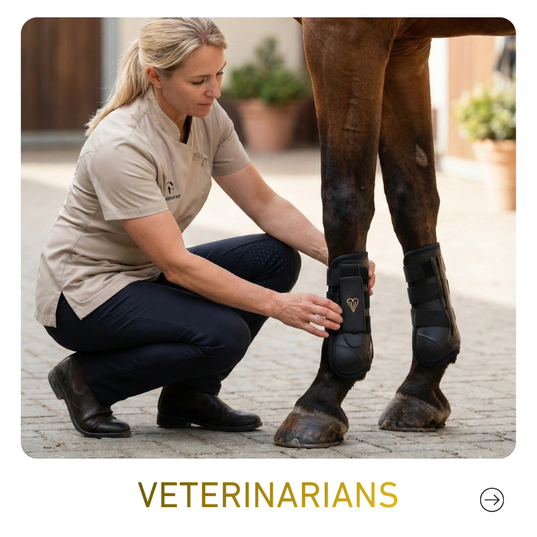 Tierärztin legt Hufschutz an einem Pferd auf einem gepflasterten Hof.