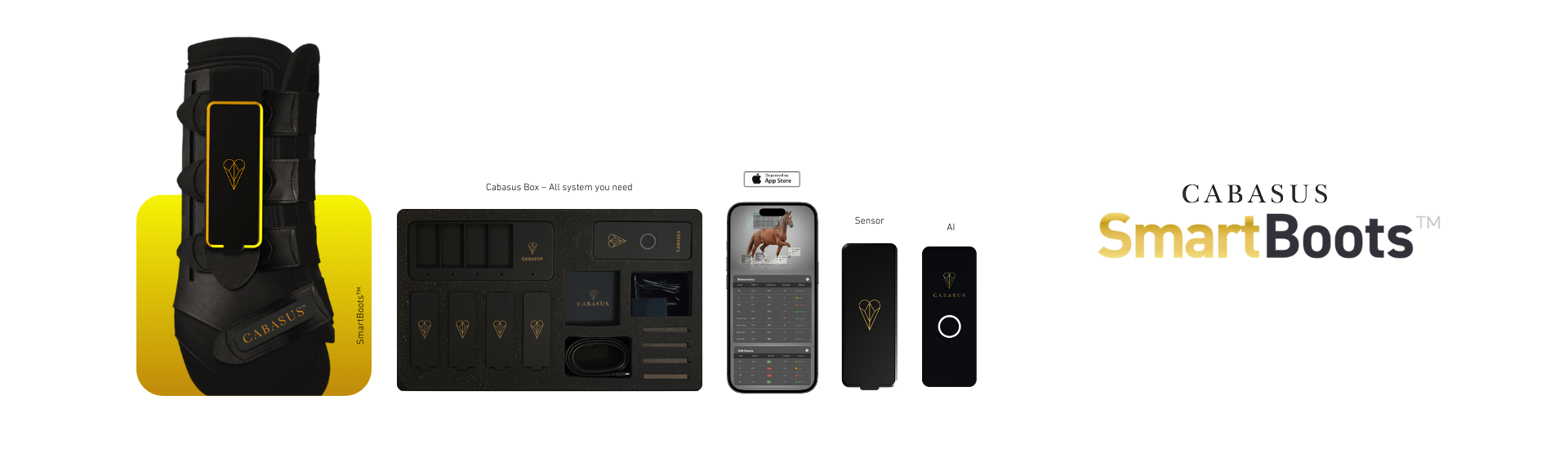 Produktbild der Cabasus Smart Boots inklusive Smartphone, Sensoren, Steuergerät und Zubehör. Das Equipment ist in Schwarz gehalten, der Hintergrund ist grau-weißlich.