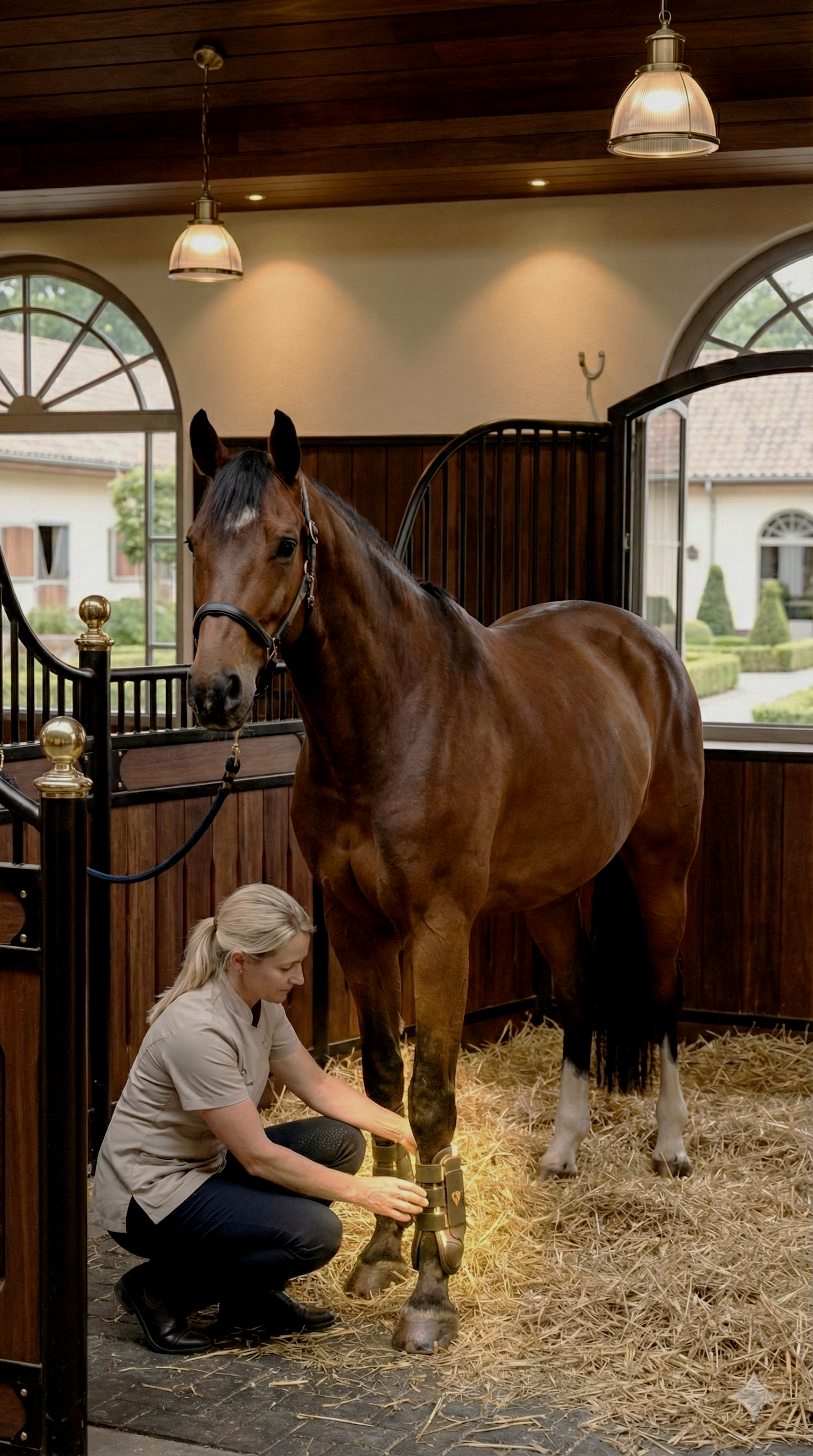 Eine Frau pflegt die Hufe eines braunen Pferdes in einer Pferdepension.
