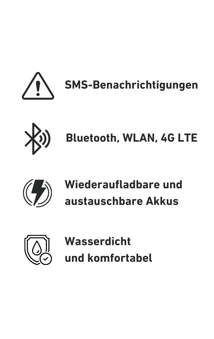 Liste von Produkteigenschaften in Deutsch: SMS-Benachrichtigungen, Bluetooth, WLAN, 4G LTE, wiederaufladbarer und austauschbarer Akku, wasserdicht und komfortabel.
