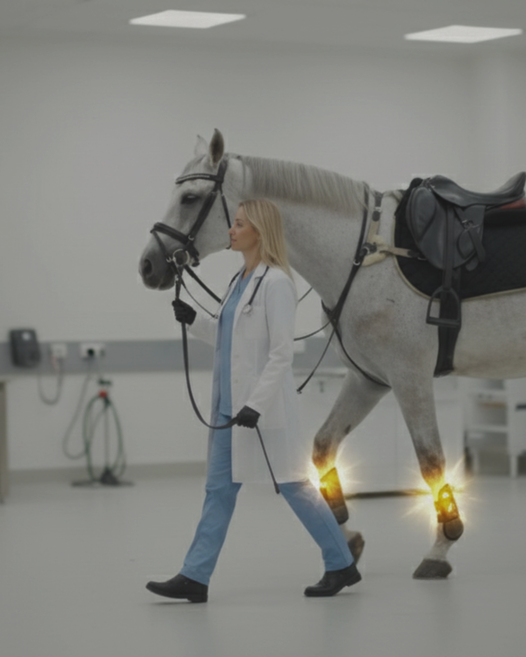 Tierärztin begleitet ein galoppierendes Pferd in einer Klinik, wobei die Knie des Pferdes hervorgehobene Leuchtmarkierungen aufweisen.