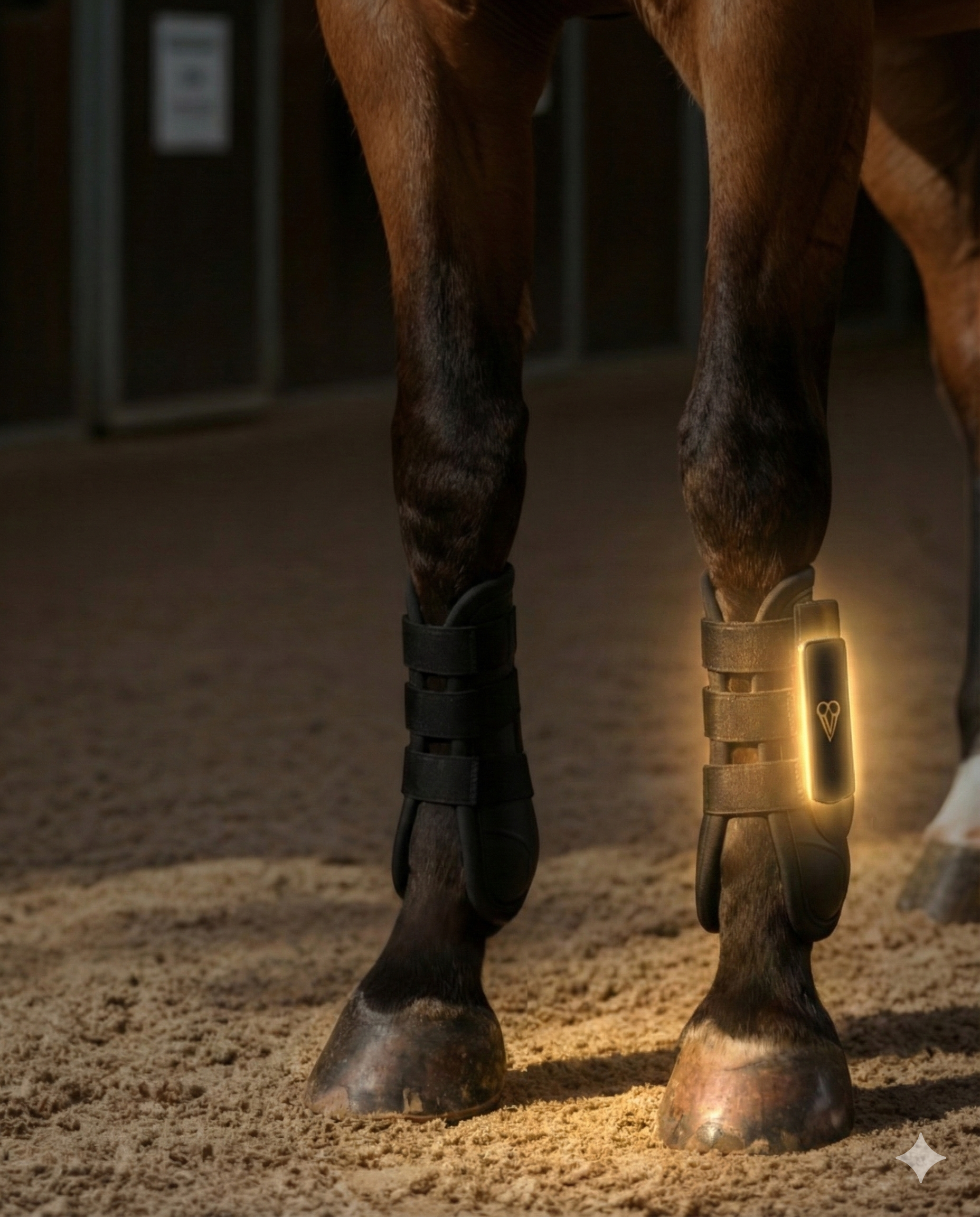 Nahaufnahme der Vorderbeine eines Pferdes mit modernen, leuchtenden Eskadron-Fußschlaufen, die auf der hellen Pferdehaut sitzen, in einer Reithalle oder Stall. Eines der Geräte leuchtet sichtbar.