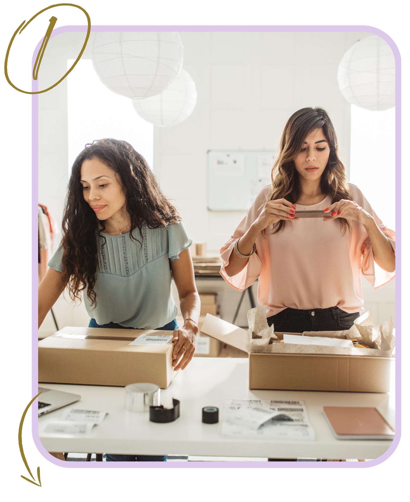 Two women packing products and taking photos of them.