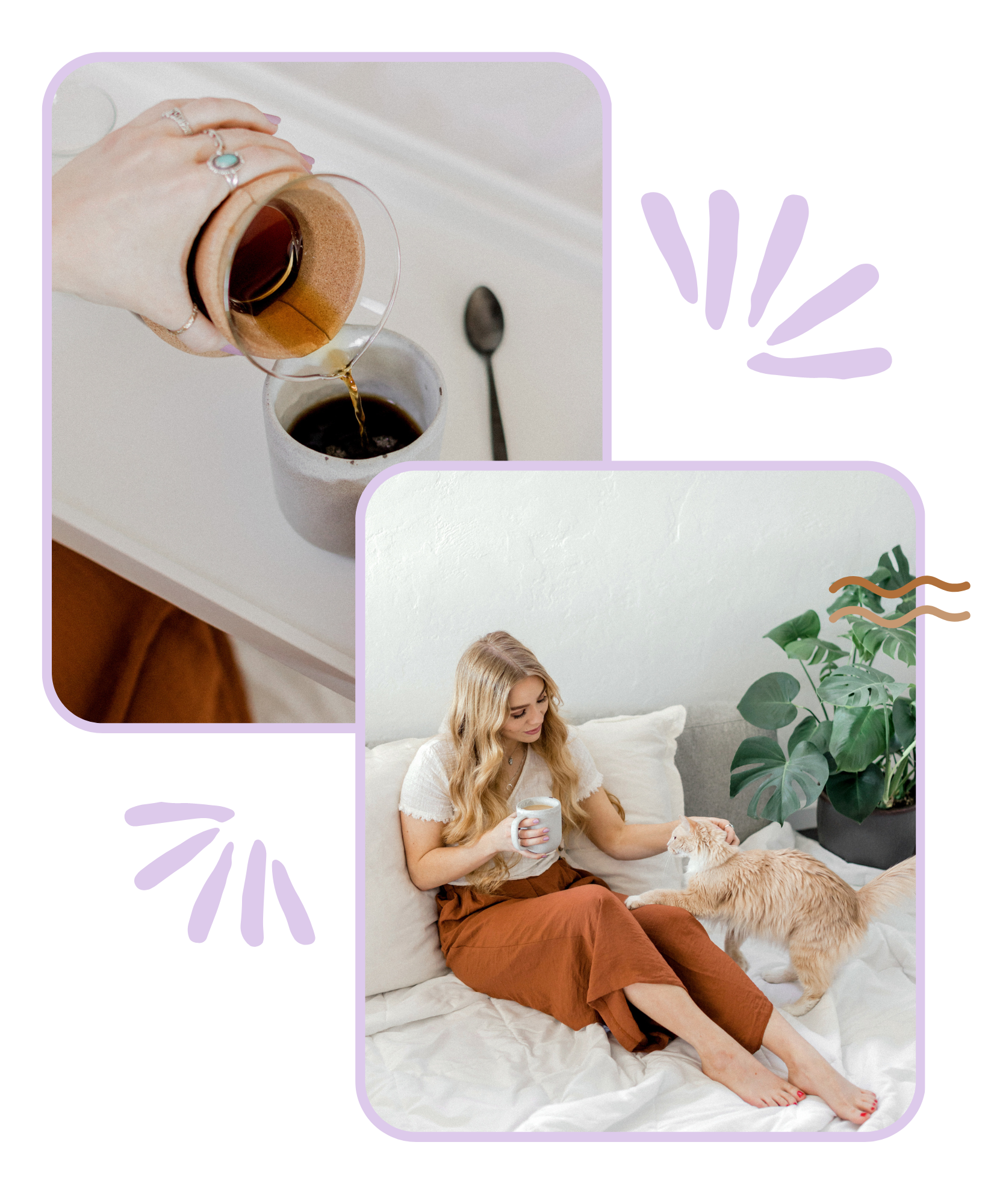 Picture one is of a woman pouring a coffee, and the second picture is that women drinking her coffee and stroking a cat, while she relaxes on her bed.