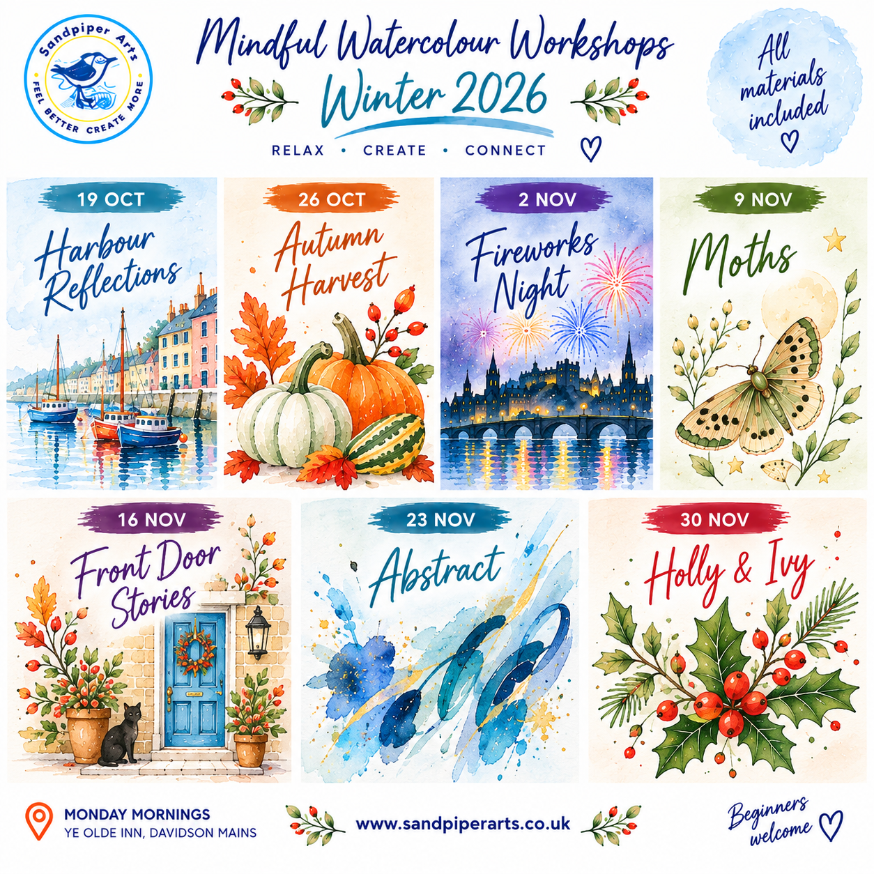 watercolour paintings overlaid with text:Mindful Watercolour Workshops