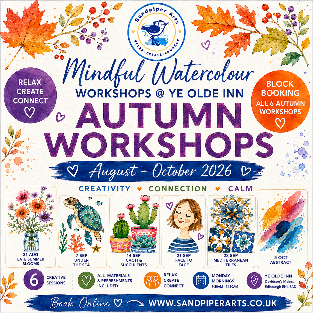 watercolour paintings overlaid with text:Mindful Watercolour Workshops