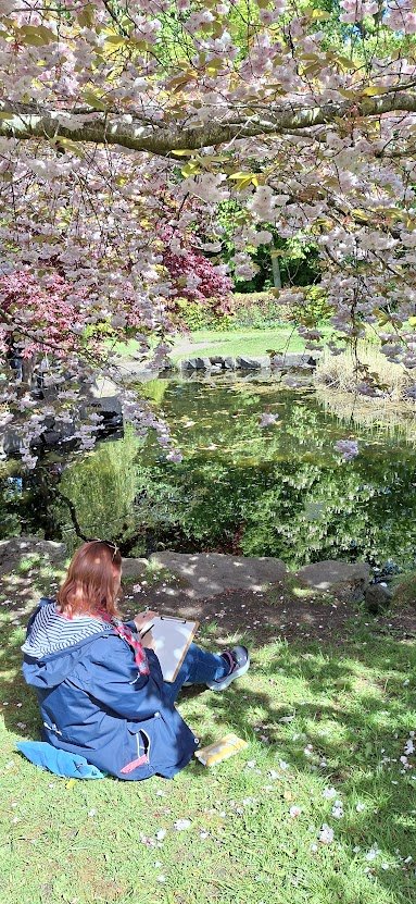 woman sitting beneth cherry blossom tree sketching the view to pond. 