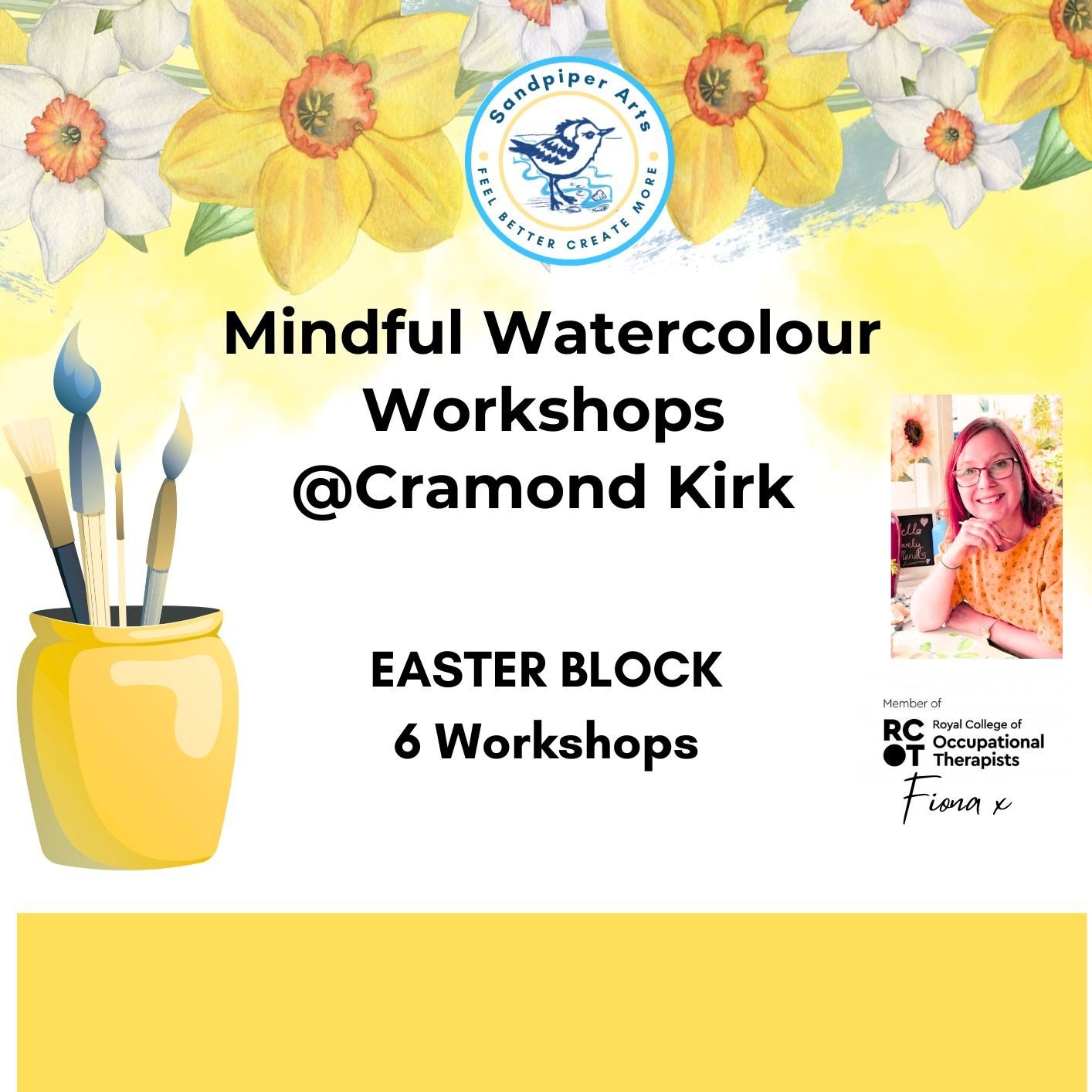 Poster advertising Mindful Watercolour Painting Workhshop at Cramond Kirk Book online