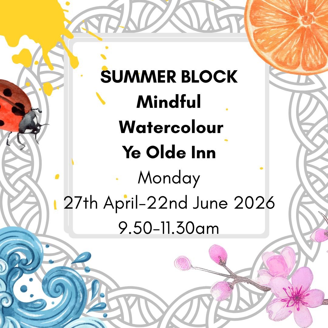 watercolour paintings overlaid with text:Mindful Watercolour Workshops 