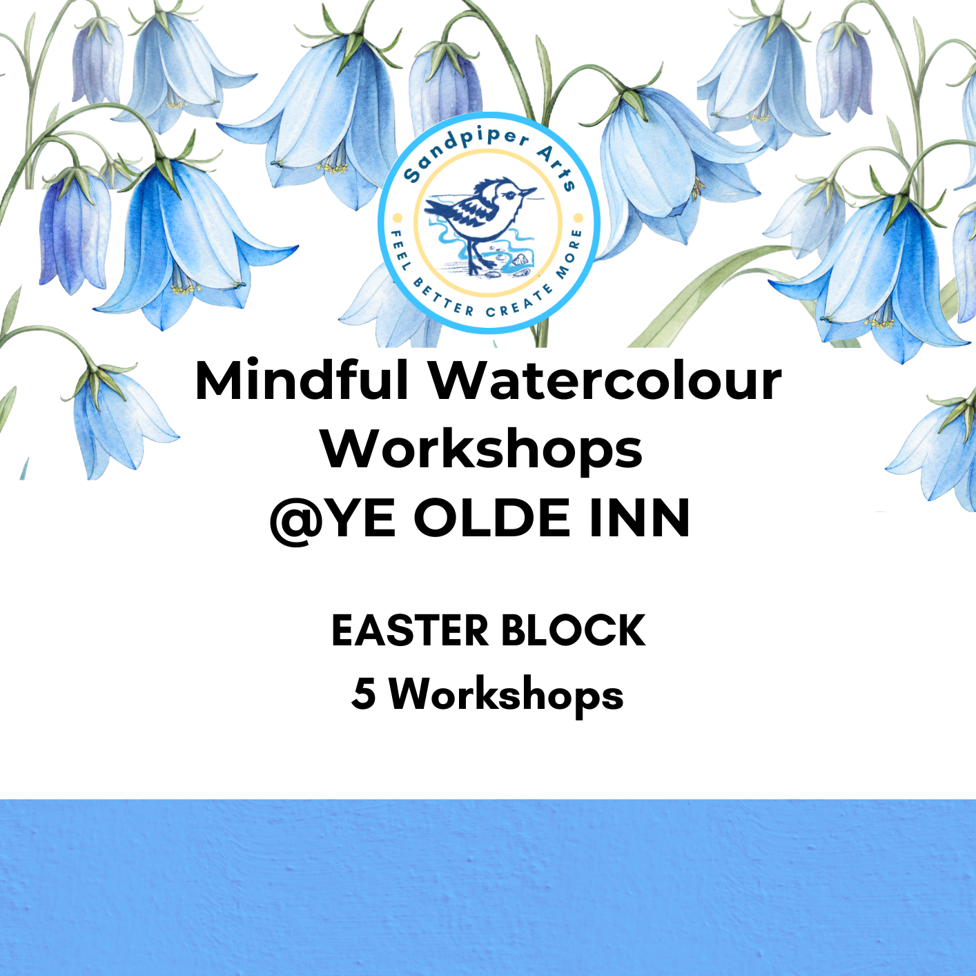 watercolour houses painting overlaid with text:Mindful Watercolour Workshops 