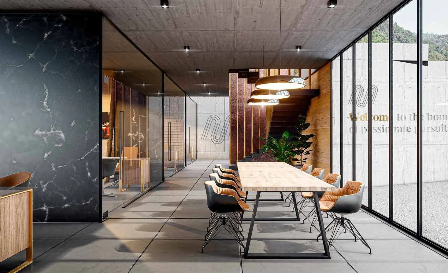 Modern conference room with a long wooden table, black and tan chairs, large windows, and contemporary lighting fixtures.