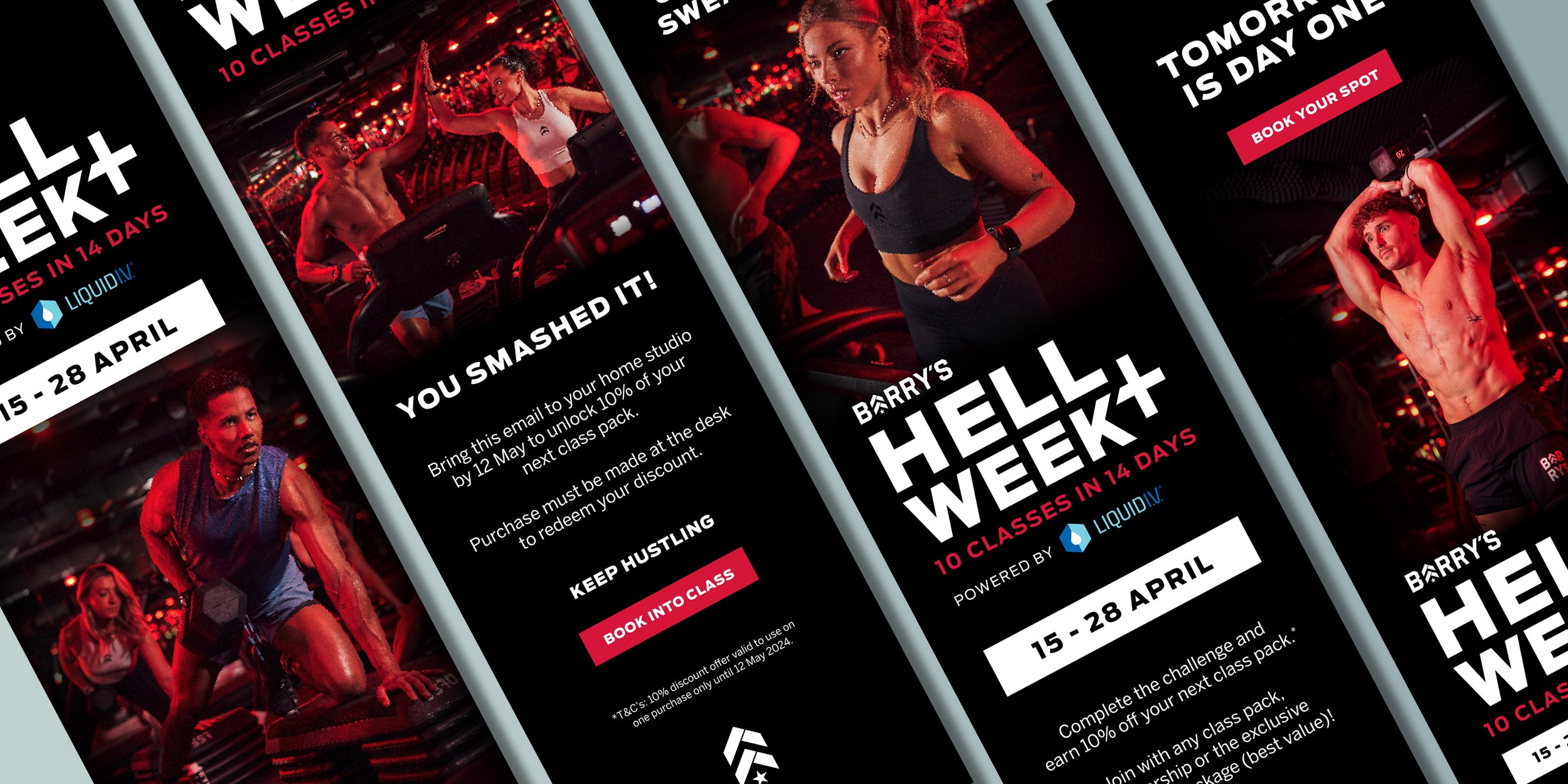 Promotional digital flyers for a fitness event called Barry's Hell Week, offering 10 classes in 14 days from April 15 to April 28, with the tagline 'You smashed it!' and a 10% discount code for liquidiv. The flyers feature images of diverse individuals participating in intense workout sessions in a dark, red-lit gym environment.