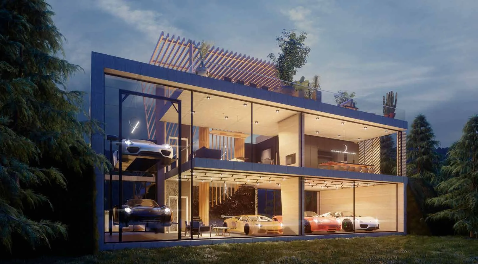 Modern multi-level house with large floor-to-ceiling glass windows showcasing luxury sports cars in the garage and interior, surrounded by trees during dusk.