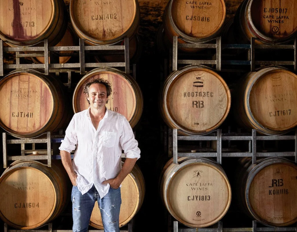 Derek Hooper in the Cape Jaffa Wines barrel hall; founder and winemaker behind this biodynamic winery near Robe on South Australia's Limestone Coast.