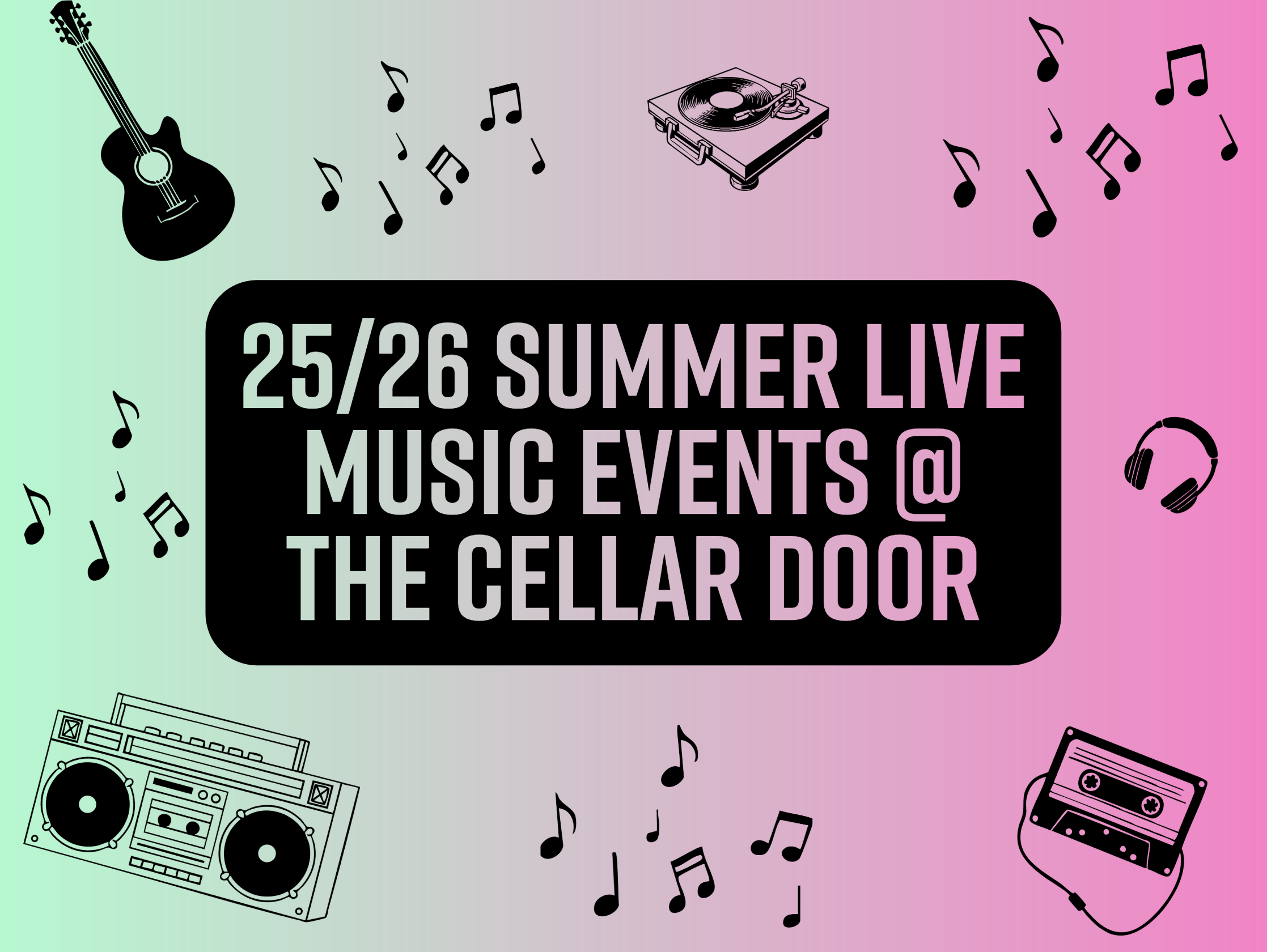 Promotional tile for Cape Jaffa Wines’ 2025/26 Summer Live Music Events — featuring bold typography over a pink and mint gradient with music icons. Promotes live music at the Cape Jaffa Wines Cellar Door on the Limestone Coast, near Robe, SA