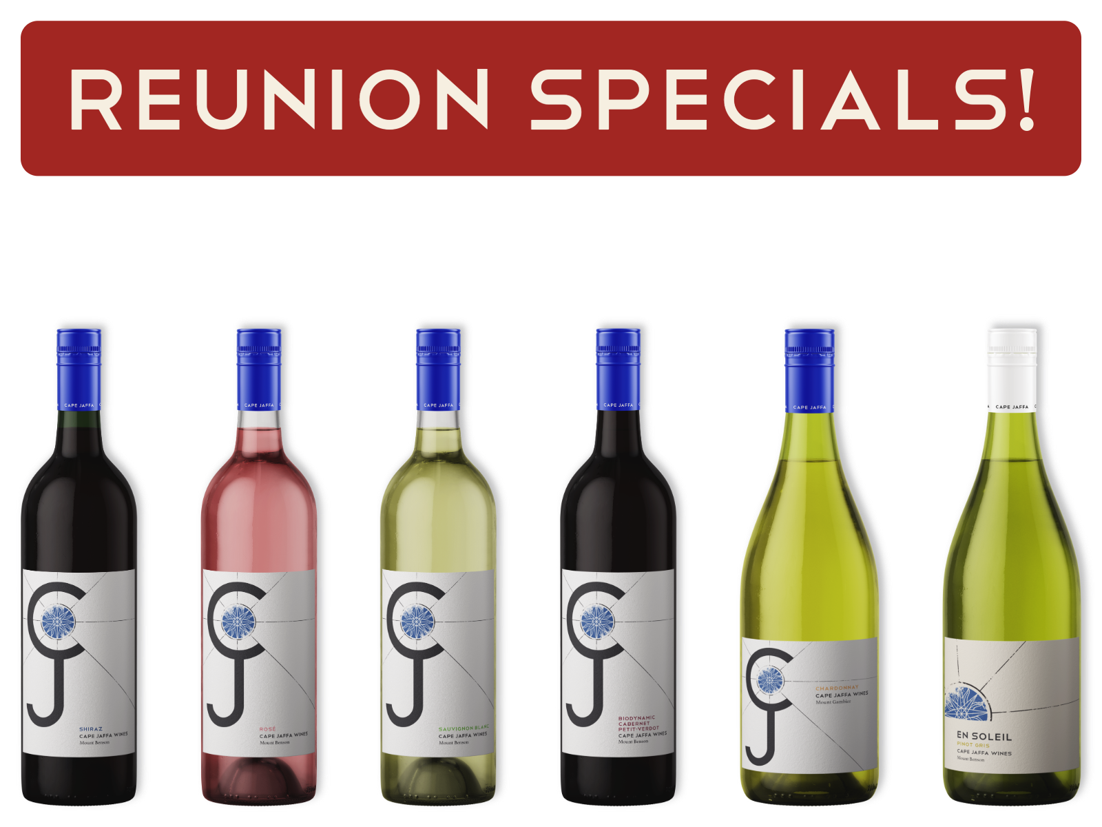 Cape Jaffa Wines Reunion Special promotional image showing selected CJ range and En Soleil wine bottles on a slate grey background, advertising the 12 bottles for $180 offer from the Limestone Coast near Robe in South Australia.
