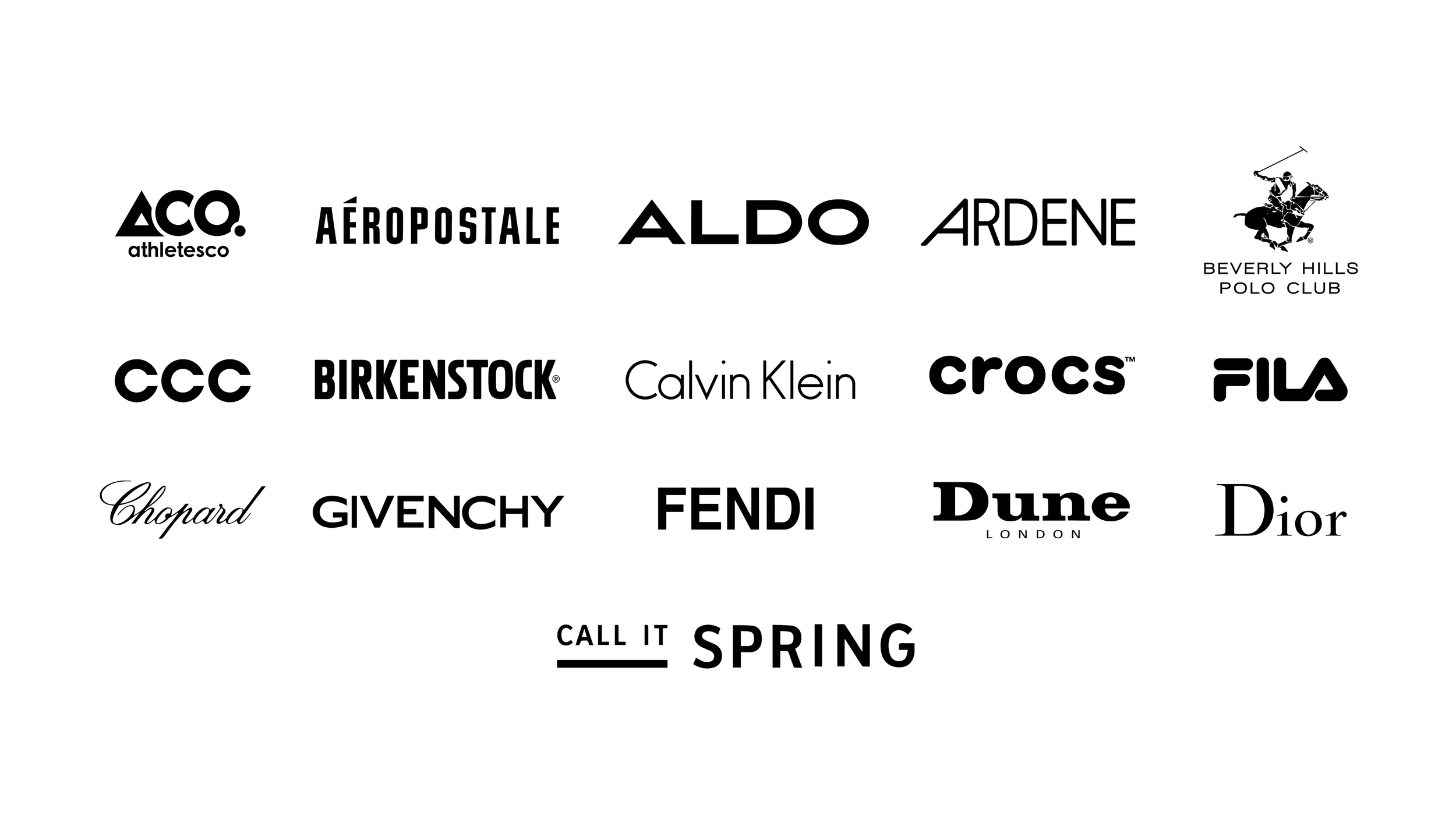 A collection of black and white brand logos in a grid pattern, including athletic, fashion, and luxury brands like Nike, Adidas, Calvin Klein, Fendi, Dior, and others, with the phrase "Call it Spring" at the bottom.